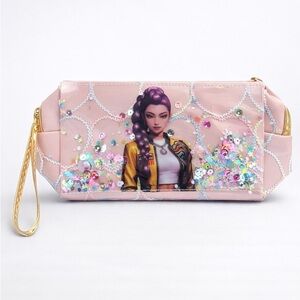 Kpop Pink Sequin Wristlet Cosmetic Bag Glitter Makeup Pouch New